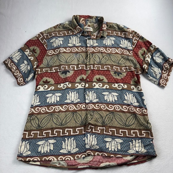 campia moda Other - Campia Moda‎ Mens Large Rayon Batik Lotus Print Short Sleeve Button Up Shirt L